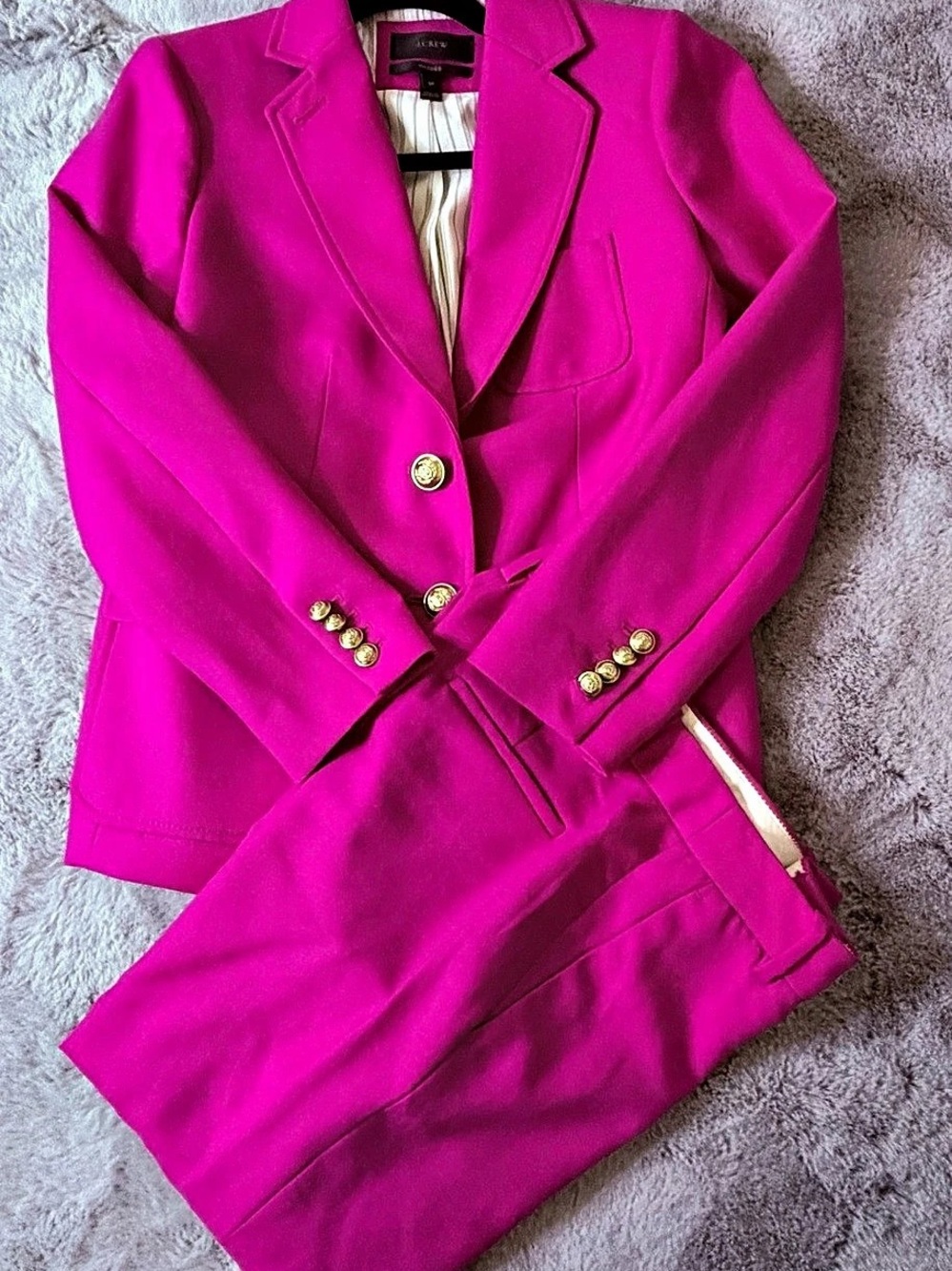 J. Crew Rhodes Suit Set Hot Pink Gold Crest Button Blazer 2P & Trouser Pants 0
